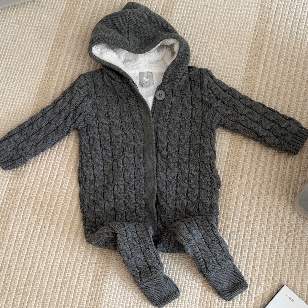 Cozy Gray Cable Knit Hooded Baby Onesie 0/3mth